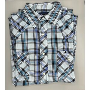 Wrangler Western Shirt Mens L Blue Plaid Long Sleeve Snap Front Cowboy‎